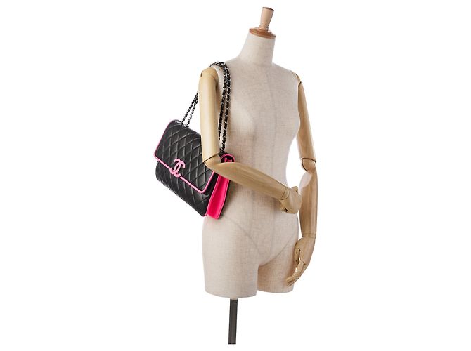 Chanel Divine Flap, große Lammledertasche, Schwarz Pink - Ansicht 20