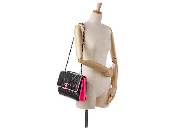 Chanel Divine Flap, große Lammledertasche, Schwarz Pink - Ansicht 21