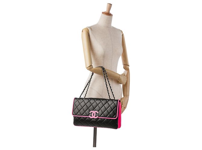 Chanel Divine Flap, große Lammledertasche, Schwarz Pink - Ansicht 22