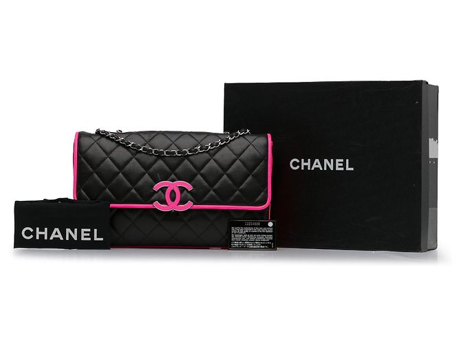 Chanel Divine Flap, große Lammledertasche, Schwarz Pink - Ansicht 23