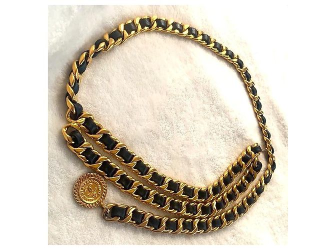 CHANEL Vintage Chunky Doppelkette aus Lammleder mit Medaillon Schwarz Golden - Ansicht 10
