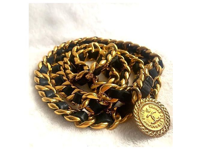 CHANEL Vintage Chunky Doppelkette aus Lammleder mit Medaillon Schwarz Golden - Ansicht 11