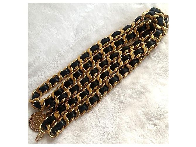 CHANEL Vintage Chunky Doppelkette aus Lammleder mit Medaillon Schwarz Golden - Ansicht 14