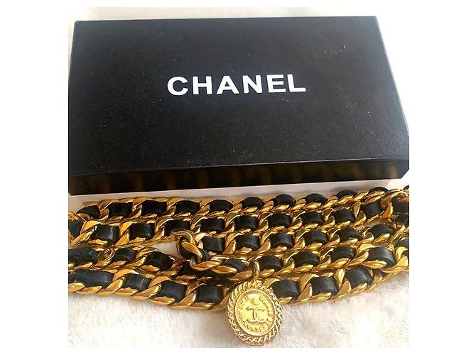 CHANEL Vintage Chunky Doppelkette aus Lammleder mit Medaillon Schwarz Golden - Ansicht 15