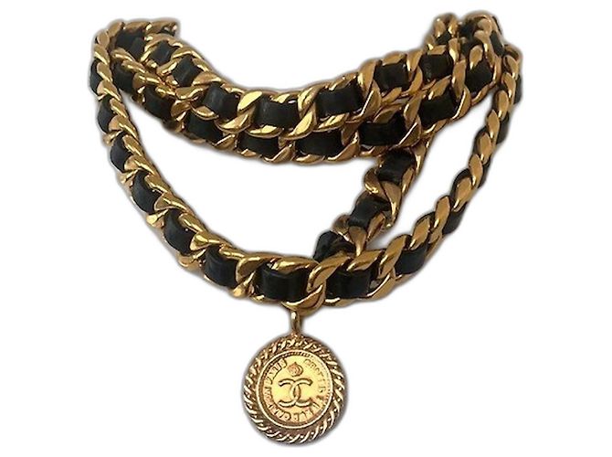 CHANEL Vintage Chunky Doppelkette aus Lammleder mit Medaillon Schwarz Golden - Ansicht 2