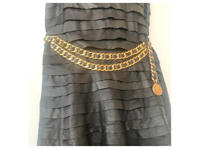 CHANEL Vintage Chunky Doppelkette aus Lammleder mit Medaillon Schwarz Golden - Ansicht 3