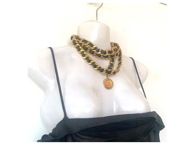 CHANEL Vintage Chunky Doppelkette aus Lammleder mit Medaillon Schwarz Golden - Ansicht 4