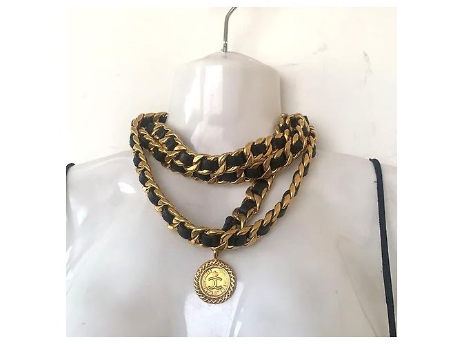 CHANEL Vintage Chunky Doppelkette aus Lammleder mit Medaillon Schwarz Golden - Ansicht 5