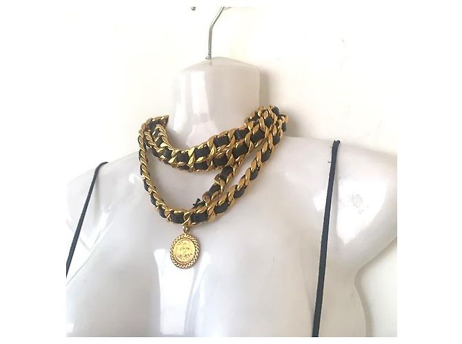 CHANEL Vintage Chunky Doppelkette aus Lammleder mit Medaillon Schwarz Golden - Ansicht 6