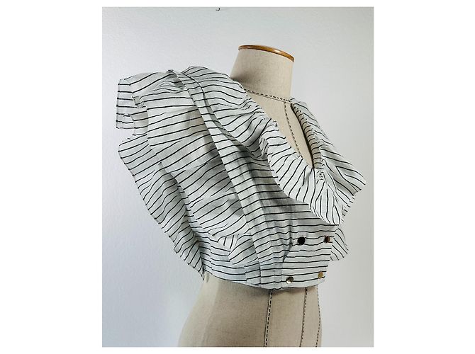 Sandro Leinen Crop Top mit Rüschen weiß schwarz gestreift - Ansicht 2