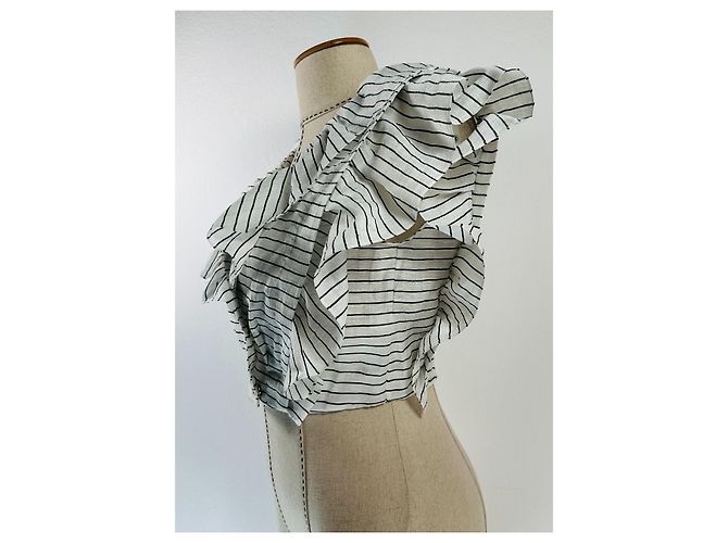 Sandro Leinen Crop Top mit Rüschen weiß schwarz gestreift - Ansicht 3