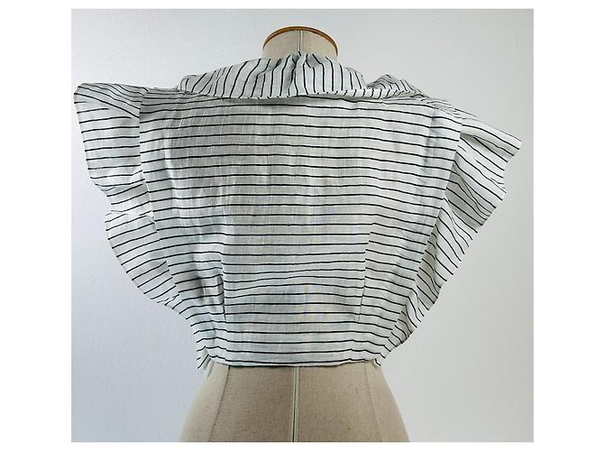 Sandro Leinen Crop Top mit Rüschen weiß schwarz gestreift - Ansicht 4