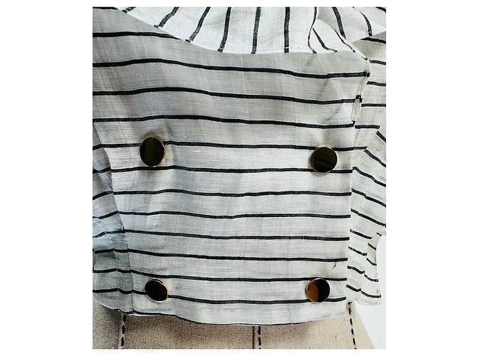 Sandro Leinen Crop Top mit Rüschen weiß schwarz gestreift - Ansicht 5