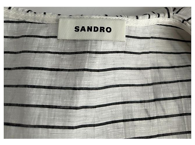 Sandro Leinen Crop Top mit Rüschen weiß schwarz gestreift - Ansicht 6
