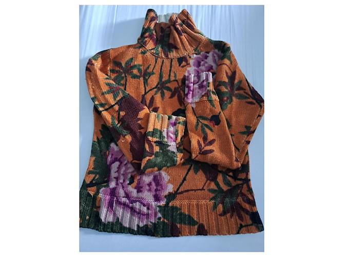 Kenzo Rollkragenpullover Orange aus Wolle mit Blumenmuster - Ansicht 2