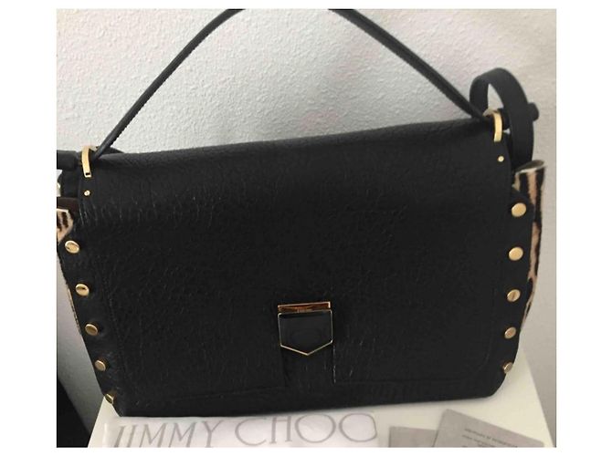 Bellissima borsa Lockett di Jimmy Choo, modello grande, nera e leopardata. Nero Stampa leopardo Gold hardware - vista 3