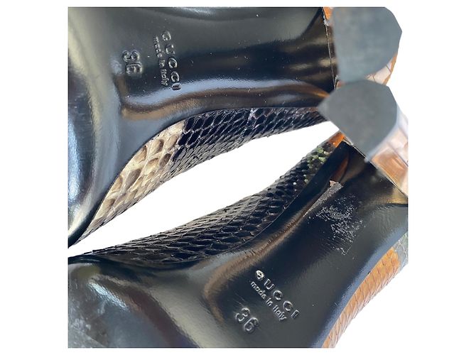 Gucci Python Leder Peep Toe Pumps Gold Spiegel Absatz Schwarz Golden Bronze Dunkelgrün - Ansicht 10