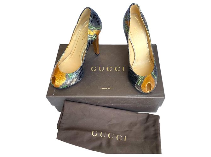 Gucci Python Leder Peep Toe Pumps Gold Spiegel Absatz Schwarz Golden Bronze Dunkelgrün - Ansicht 2