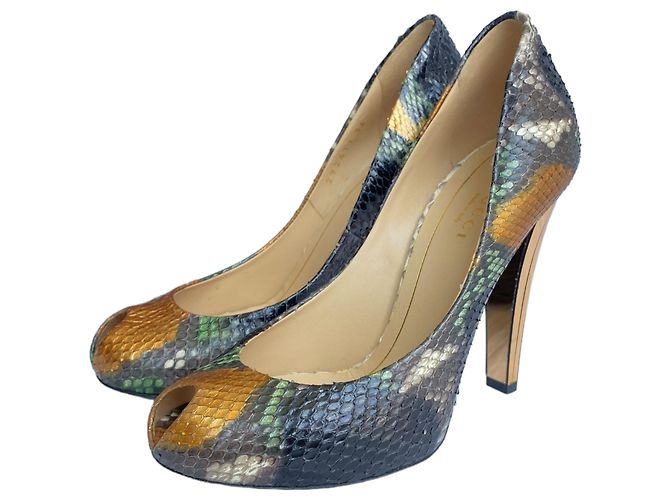 Gucci Python Leder Peep Toe Pumps Gold Spiegel Absatz Schwarz Golden Bronze Dunkelgrün - Ansicht 3