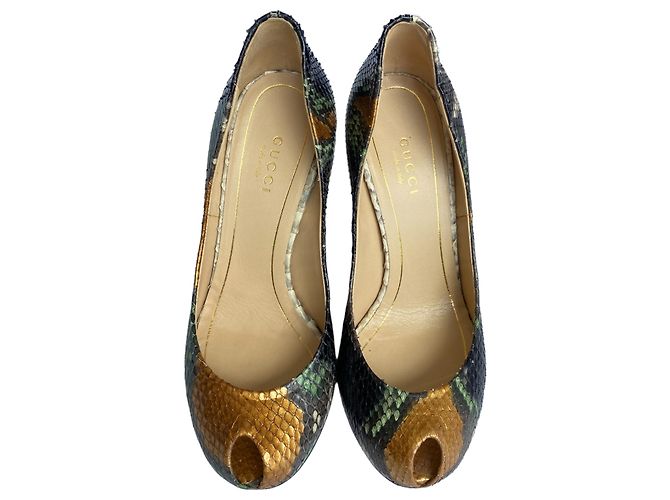 Gucci Python Leder Peep Toe Pumps Gold Spiegel Absatz Schwarz Golden Bronze Dunkelgrün - Ansicht 4