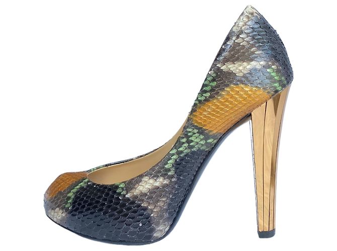 Gucci Python Leder Peep Toe Pumps Gold Spiegel Absatz Schwarz Golden Bronze Dunkelgrün - Ansicht 5