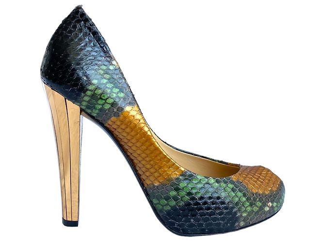 Gucci Python Leder Peep Toe Pumps Gold Spiegel Absatz Schwarz Golden Bronze Dunkelgrün - Ansicht 6