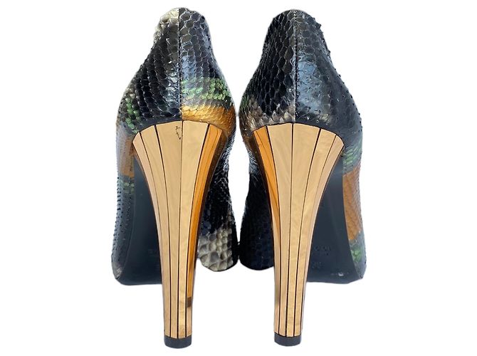 Gucci Python Leder Peep Toe Pumps Gold Spiegel Absatz Schwarz Golden Bronze Dunkelgrün - Ansicht 7