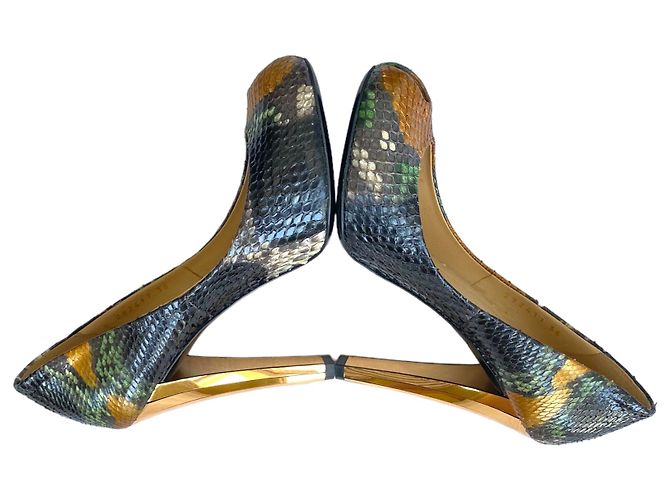 Gucci Python Leder Peep Toe Pumps Gold Spiegel Absatz Schwarz Golden Bronze Dunkelgrün - Ansicht 8