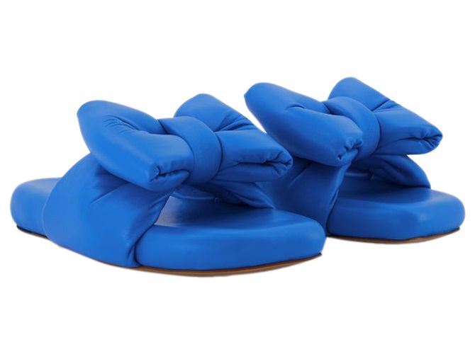 Gepolsterte Pantoletten mit Schleife - Off White - Blau - Leder - Ansicht 2