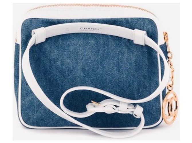 Cinto Bumbag CHANEL em pele de cordeiro e ganga com caixa Branco Azul Dourado - vista 8