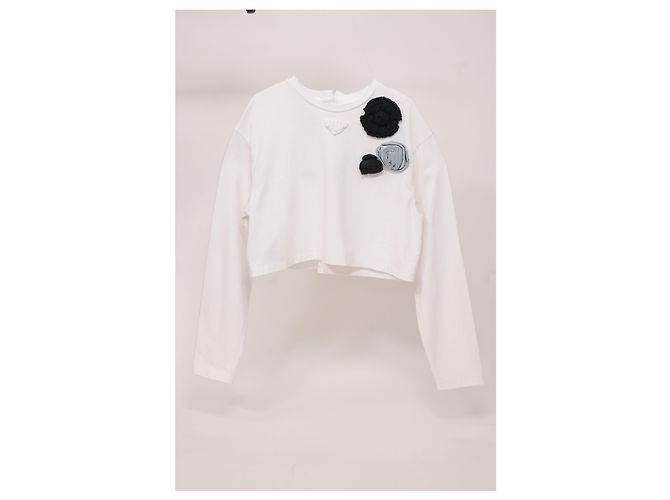 Top corto con apliques de flores de Prada en algodón blanco - vista 5