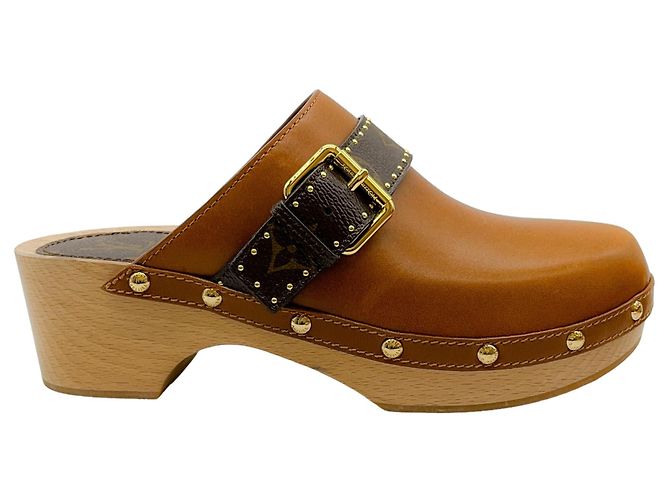 Louis Vuitton Brown Leather Cottage Clogs with Logo Strap - view 2