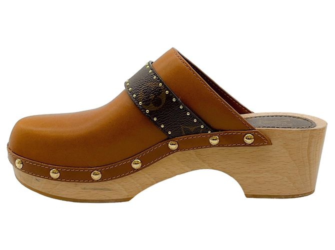 Louis Vuitton Brown Leather Cottage Clogs with Logo Strap - view 3
