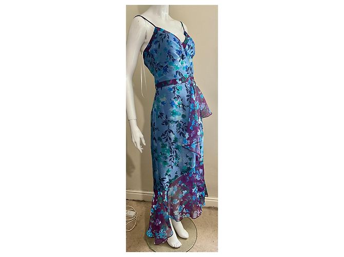 Marchesa Blumige Organza ärmelloses High-Low-Kleid mit seitlichem Rüschen. Mehrfarben - Ansicht 3