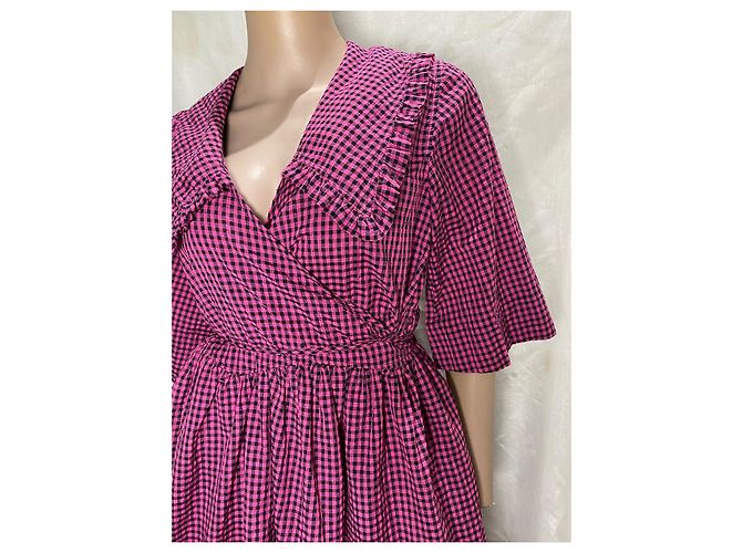 Vestido envelope Ganni de algodão xadrez rosa e preto Fuschia - vista 5