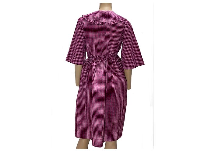 Vestido envelope Ganni de algodão xadrez rosa e preto Fuschia - vista 6