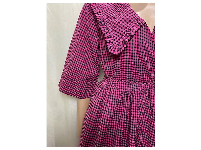 Vestido envelope Ganni de algodão xadrez rosa e preto Fuschia - vista 7