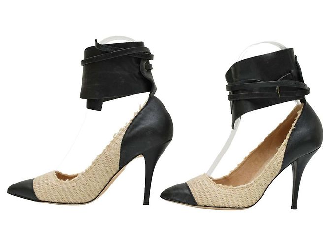Décolleté Isabel Marant Gava in rafia e pelle beige e nera 40 Nero - vista 3