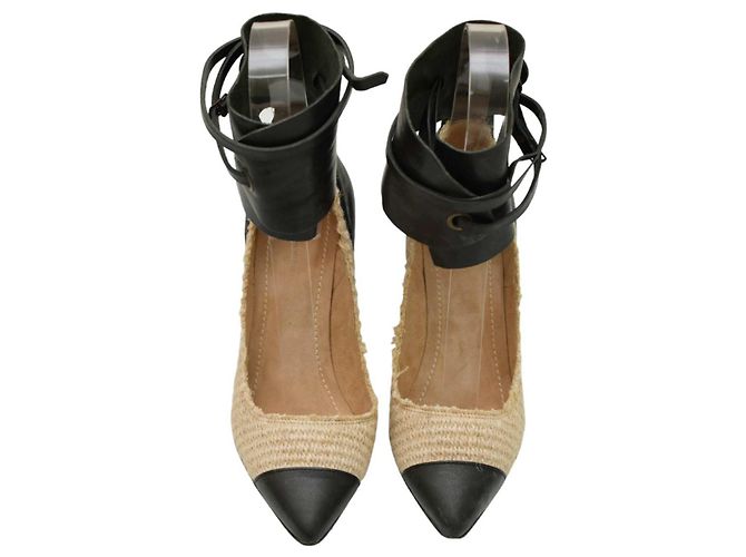 Décolleté Isabel Marant Gava in rafia e pelle beige e nera 40 Nero - vista 5