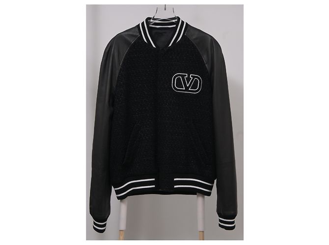 Valentino Garavani Giubbotto bomber Valentino in tweed nero e pelle - vista 5