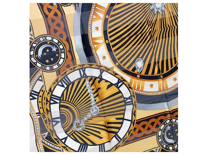 Sciarpa vintage Must de Cartier in seta anni Novanta con orologi Nero Giallo - vista 5