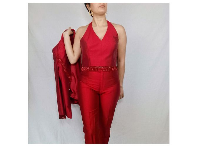 Tailleur pantalone in seta rossa Escada, Y2k abito da donna Rosso - vista 2