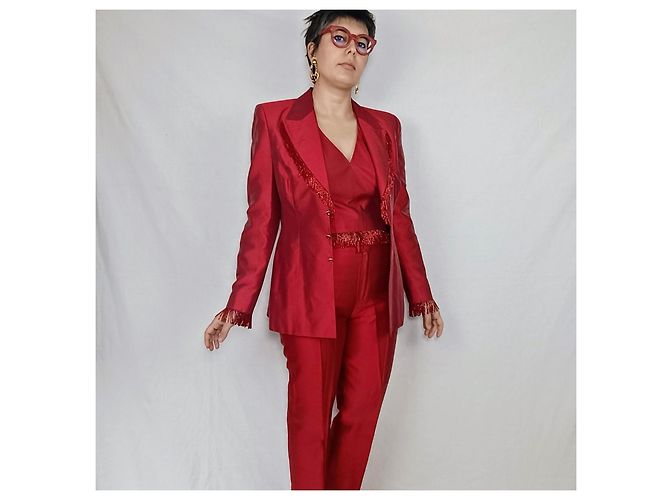 Tailleur pantalone in seta rossa Escada, Y2k abito da donna Rosso - vista 5
