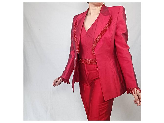 Tailleur pantalone in seta rossa Escada, Y2k abito da donna Rosso - vista 7
