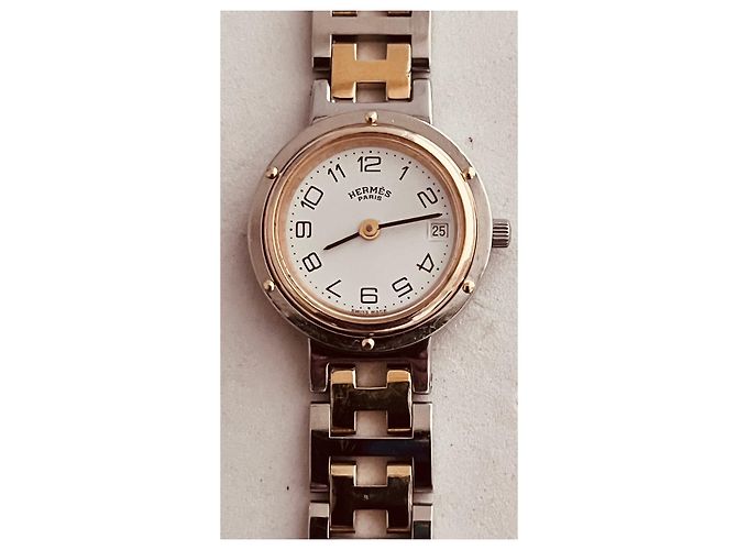 Hermès Clipper Uhr Stahl und vergoldet weiß - Ansicht 2
