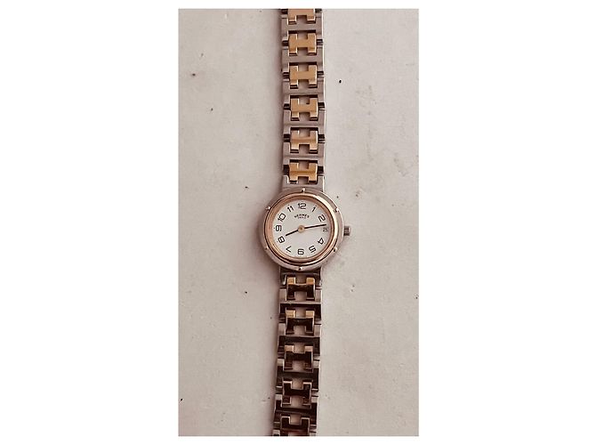 Hermès Clipper Uhr Stahl und vergoldet weiß - Ansicht 3