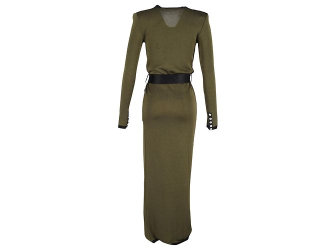Balmain Open-Front Belted Maxi Cardigan in Green Wool - view 3