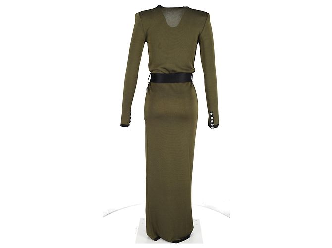 Balmain Open-Front Belted Maxi Cardigan in Green Wool - view 6
