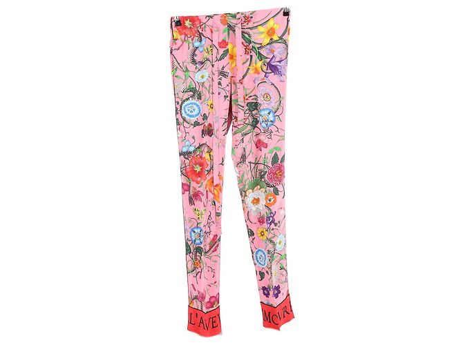 Pantalones con estampado floral de serpiente Gucci en seda rosa - vista 4
