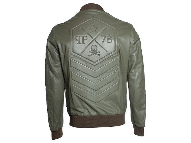 Philipp Plein, Lederjacke in Khaki Braun Grün - Ansicht 2